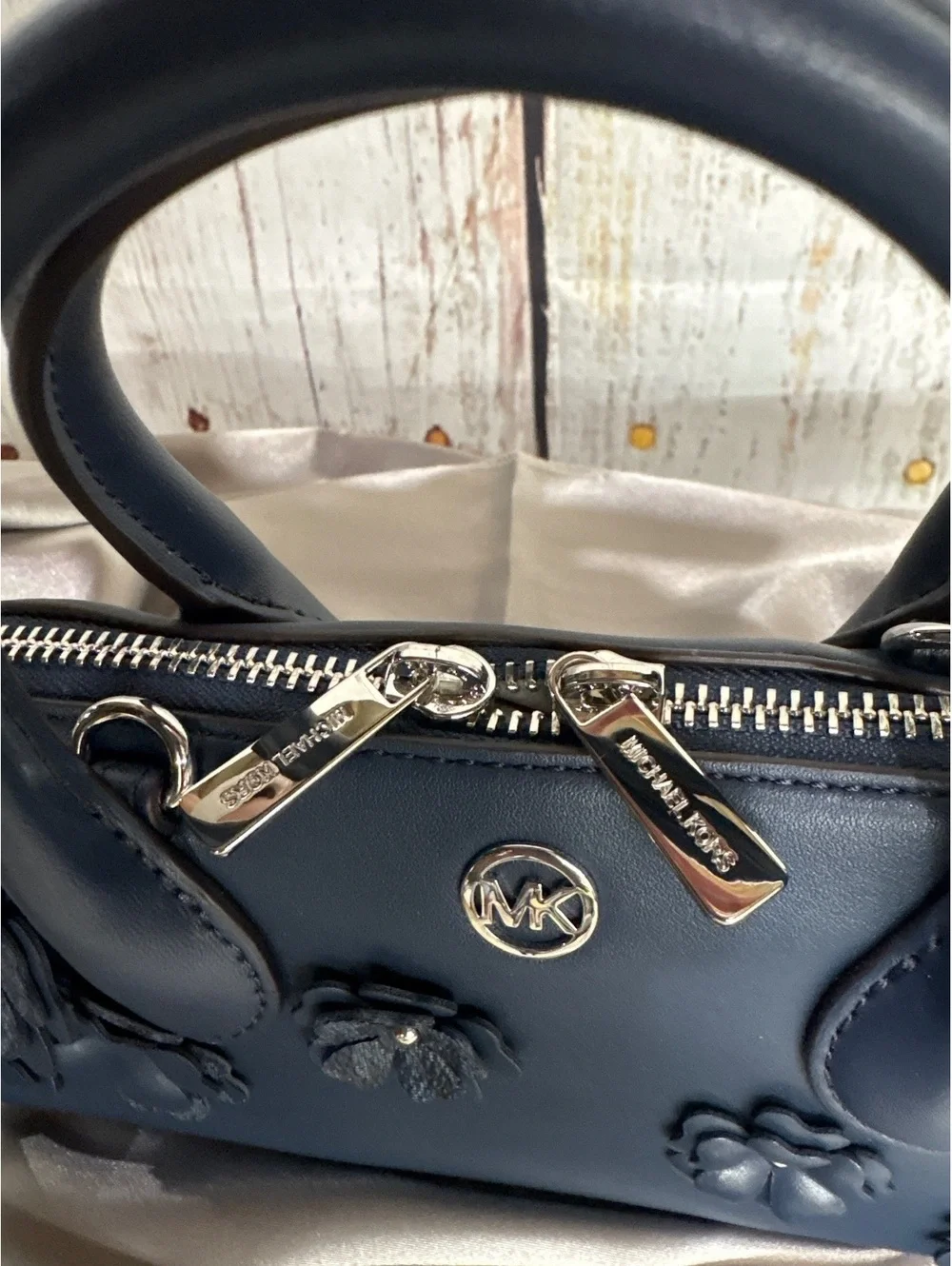 Michael Kors Petra Navy Blue Leather Floral Applique Handbag w/Extra Long Strap